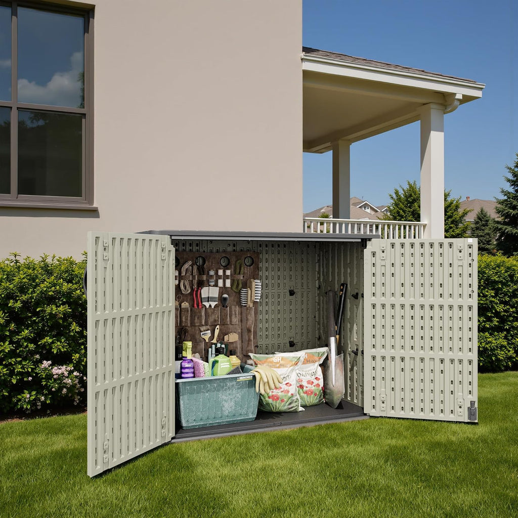 Patiowell 25 Cu.ft Outdoor Storage Cabinet with Lockable Door, Waterproof Horizontal Storage Shed for Tools and Patio Furniture, All-Weather Resin Shed Easy Assemble for Pool or Backyards, Brown