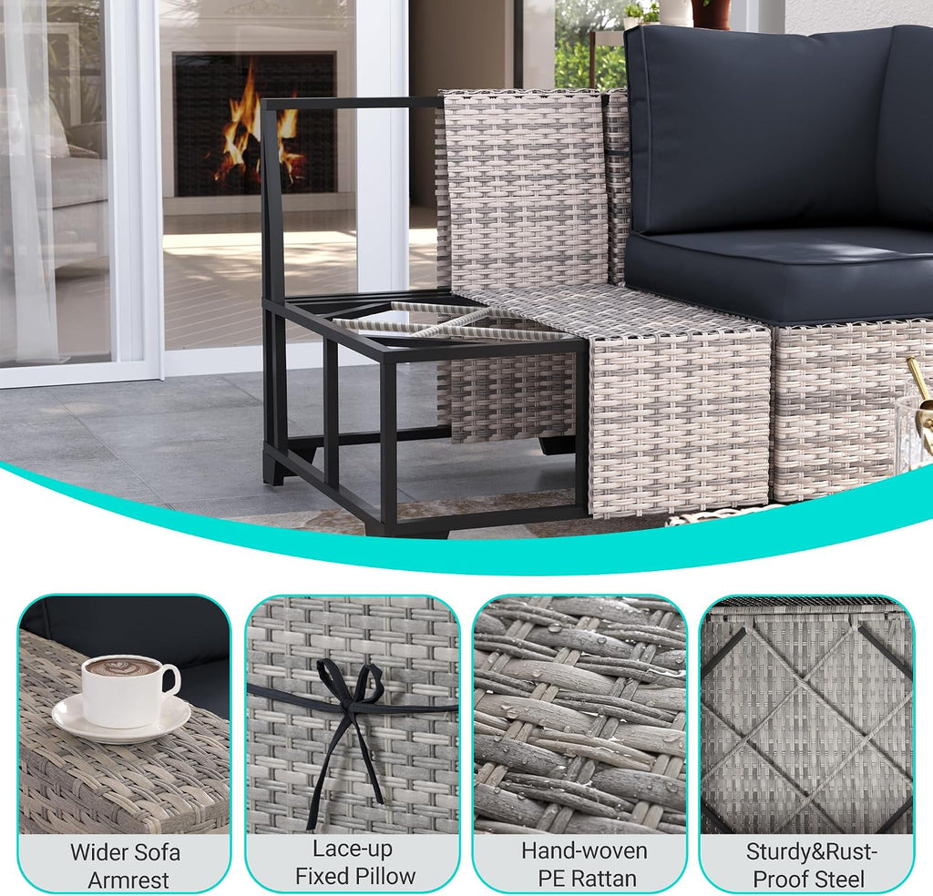 10-Piece Outdoor Patio Furniture Set with Rocking Swivel Chair, PE Wicker Rattan Sectional Sofa Patio Conversation Set with 55,000 BTU Fire Pit Table & Coffee Table, Dark Grey