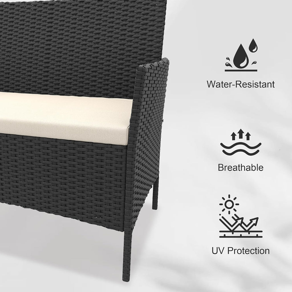 GarveeLife 4-Piece Patio Furniture Set, Rattan Outdoor Furniture with Upholstered Sofa, 2 Chairs & Coffee Table, Modern Conversation Bistro Set for Garden Backyard Porch (Black and Beige)
