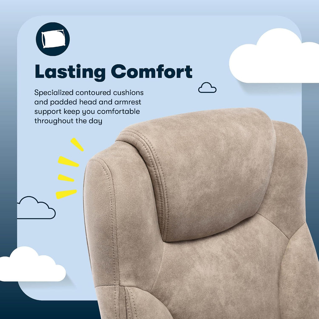 Serta Comfort Eco Office Chair, Ergonomic Mid-Back with Lumbar Support, Semi-Plush Seat Cushion and Layered Body Pillows, Padded Armrests, Metal Swivel Base, Soft Velvet Fabric, Light Brown