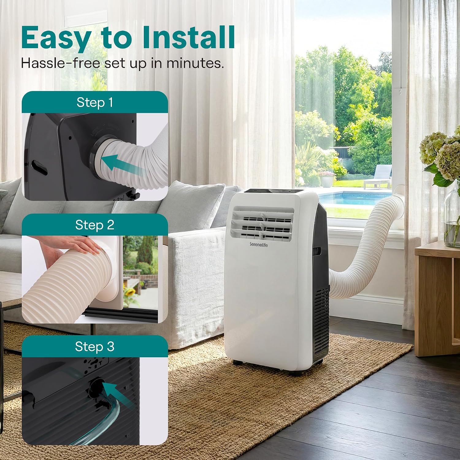 SereneLife Portable Air Conditioner with Heat & Built-in Dehumidifier 12,000 BTU, Portable Heater & AC for Rooms up to 550 Sq Ft - Remote Control & Window Mount Exhaust Kit Included