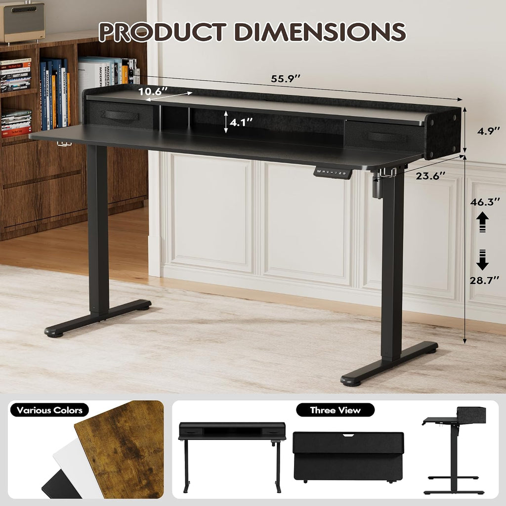 Furmax Electric Standing Desk with Drawers, Stand Up Desk with Storage Shelf Height Adjustable Computer Desk with Organizer for Home Office Ergonomic (Black, 55 Inch)