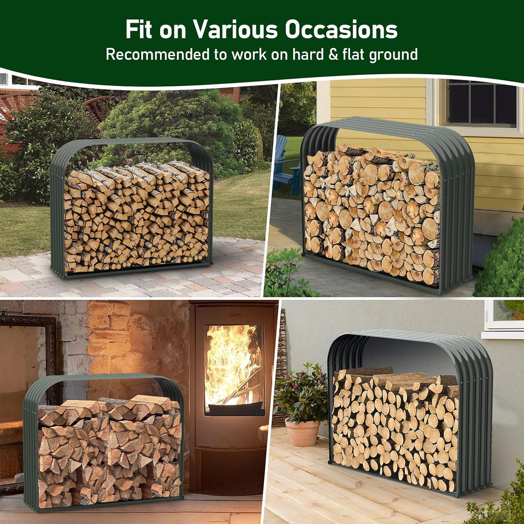 ANLEOLIFE Galvanized Steel Firewood Rack with Weatherproof Corrugated Roof (Shed-Style Log Storage), Heavy Duty Outdoor Log Holder, Rust Resistant, Trio Gray, 18'D x 54'W x 43'H