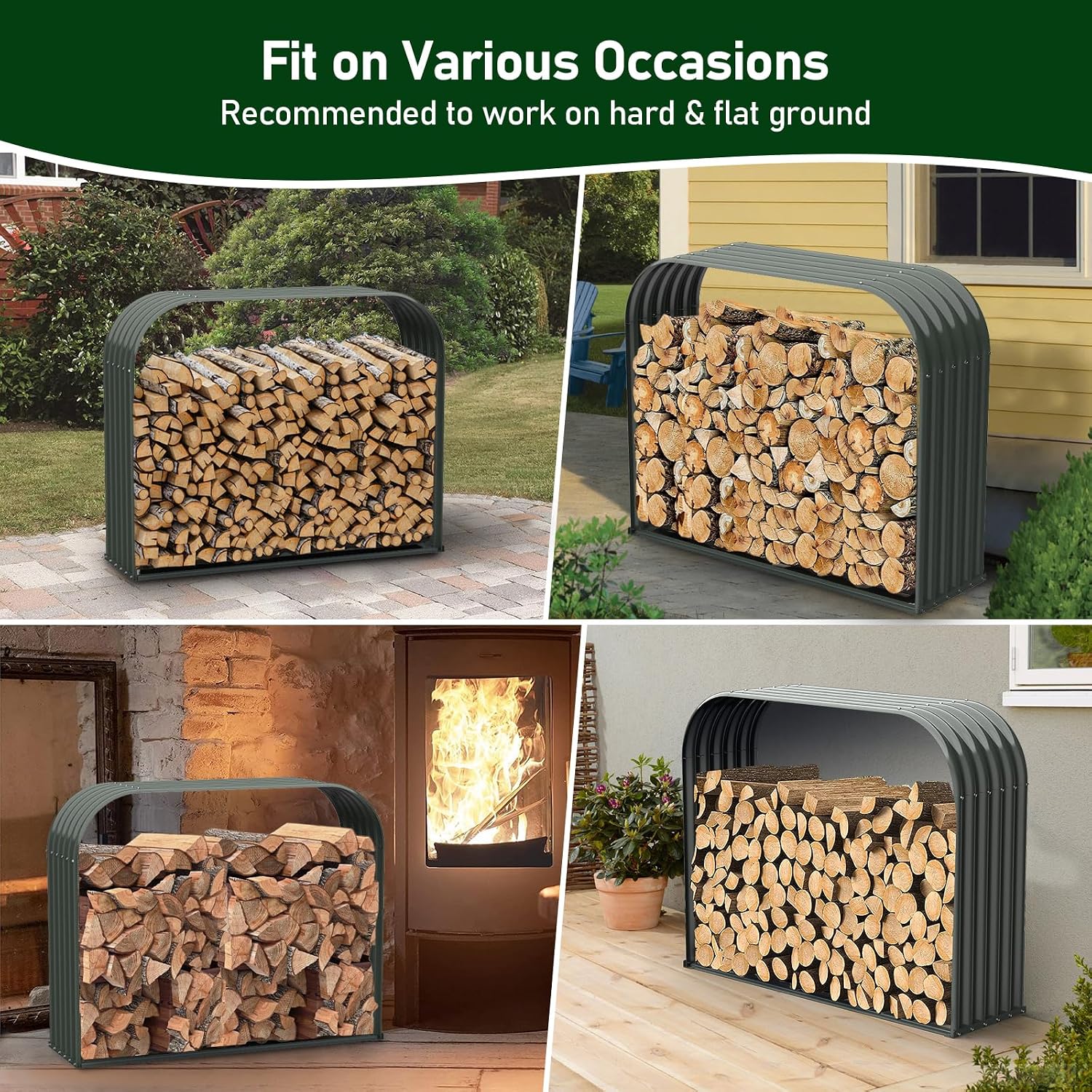 ANLEOLIFE Galvanized Steel Firewood Rack with Weatherproof Corrugated Roof (Shed-Style Log Storage), Heavy Duty Outdoor Log Holder, Rust Resistant, Trio Gray, 18'D x 54'W x 43'H