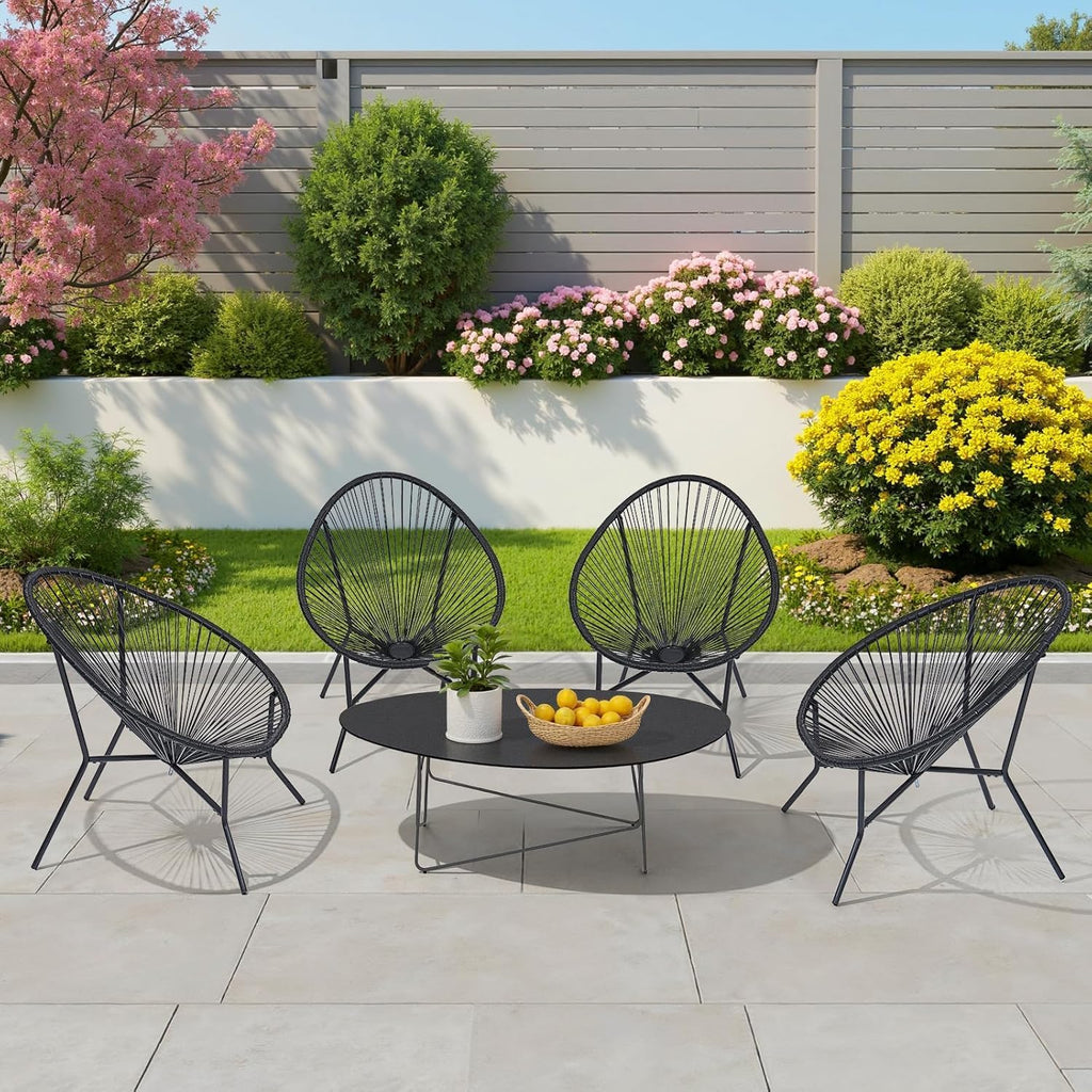 ONBRILL 6-Piece Outdoor Acapulco Chairs Set, Modern Patio Furniture Set, PE Rattan Bistro Set with Steel Frame for Balcony, Lawn, Porch and Garden, Black