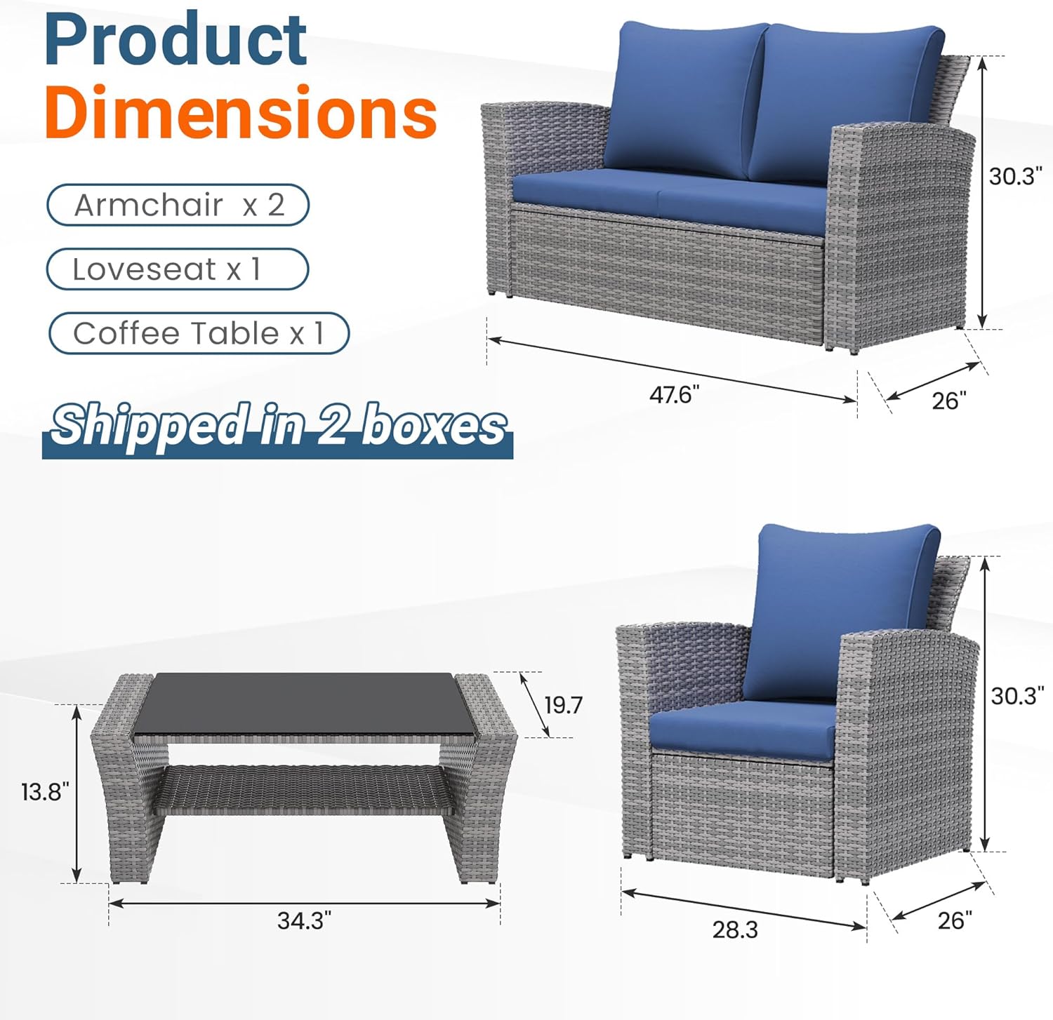 Wisteria Lane Patio Furniture Set, Wicker Outside Outdoor Furniture for All Weather, Patio Sofa with High Backrest Support and Wide Armrest for Backyard, Balcony, Deck, Porch, Navy Blue