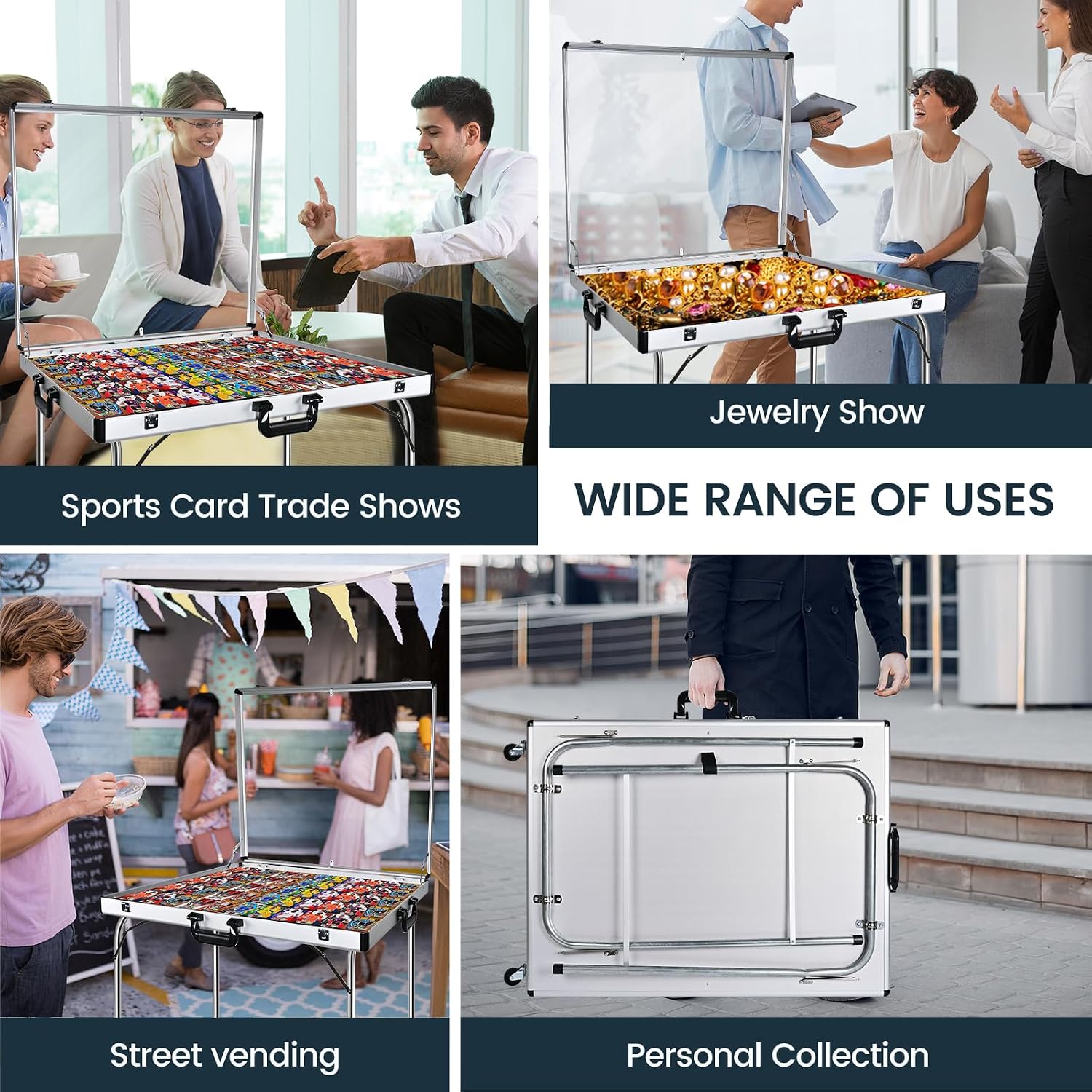 Trade Show Display Case for Cards 34' x 22' Aluminum Portable Locking Display Case with Wheels and Foldable Stand, Clear Acrylic Top Tabletop Showcase for Jewelry, Collectible & Sports Cards