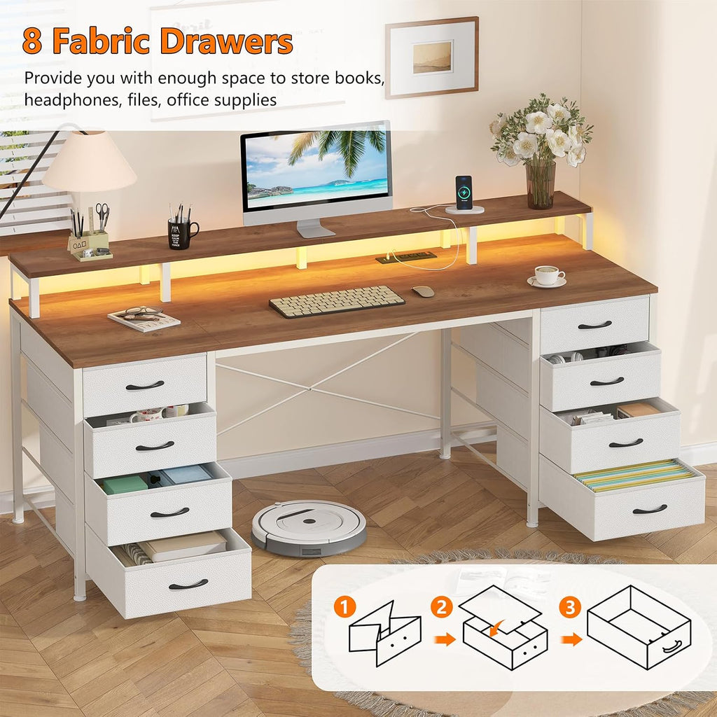 YOMILUVE 60 Inch Computer Desk with 8 Fabric Drawers, Gaming Desk with LED Lights & Power Outlets, Home Office Desk with Monitor Stand, Brown and White