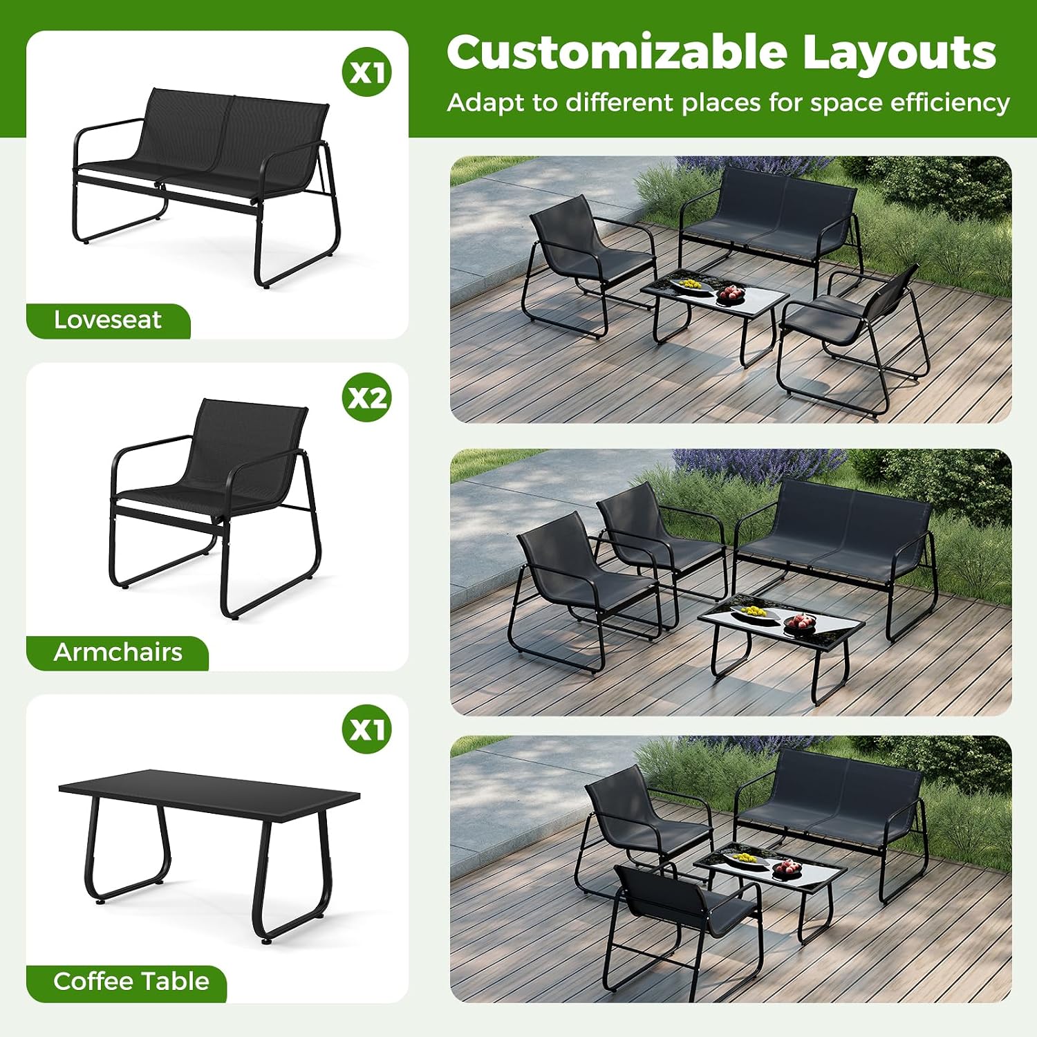 Tangkula 4 Piece Patio Furniture Set, Outdoor Metal Conversation Chair & Coffee Table Set with Mesh Seat Fabric & Tempered Glass Tabletop, Outside Bistro Set for Backyard, Porch, Poolside (1, Black)