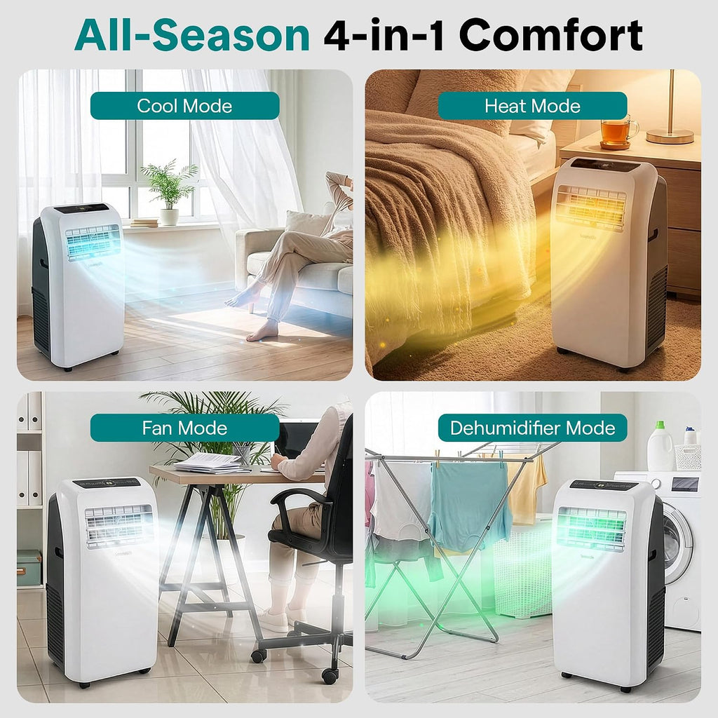SereneLife Portable Air Conditioner with Heat & Built-in Dehumidifier 12,000 BTU, Portable Heater & AC for Rooms up to 550 Sq Ft - Remote Control & Window Mount Exhaust Kit Included