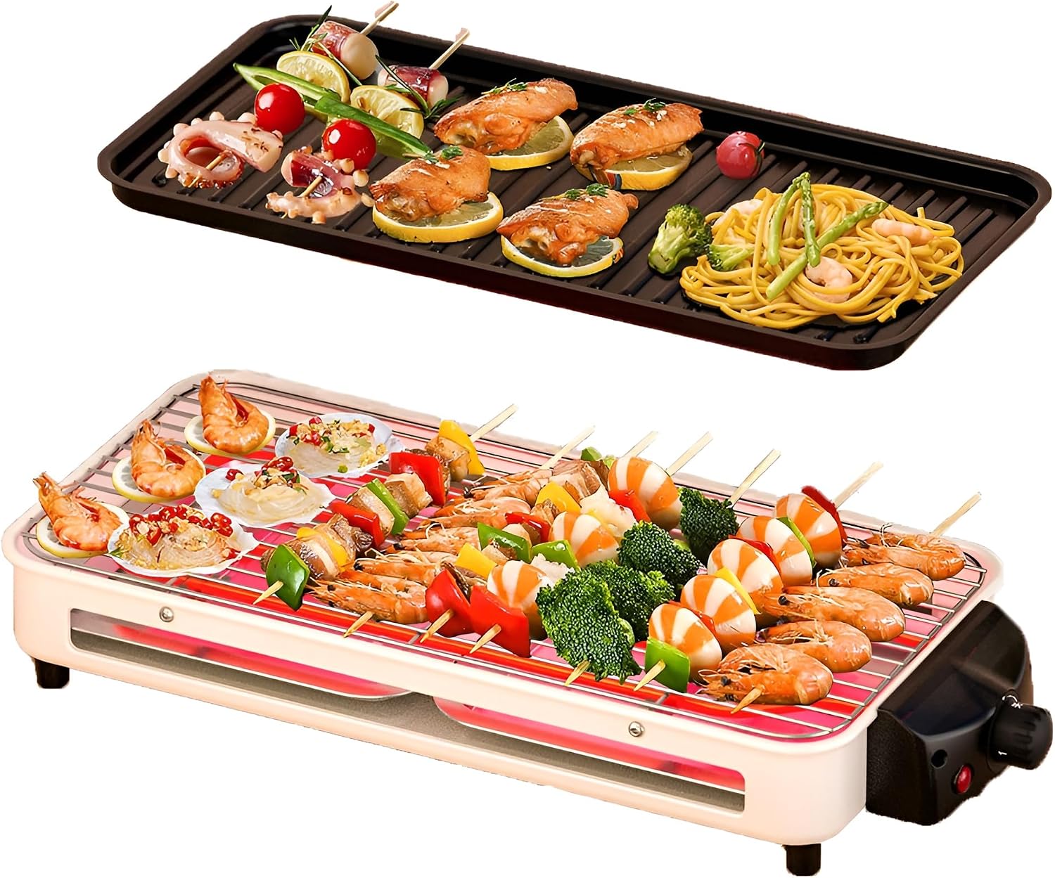 1500W Electric Indoor Grill, 2 In 1 Smokeless Grills with Grill Net and Non-stick Cooking Removable Plate, Temperature Control The Entire Machine Can Be Detached, for Family Party Kitchen Use