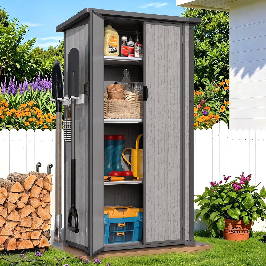U-MAX Resin Outdoor Storage Cabinet Waterproof with Adjustable Shelves, Vertical Tall Plastic Storage Shed with Reinforced Floor, All Weather Sheds & Outdoor Storage Clearance with Base for Outside