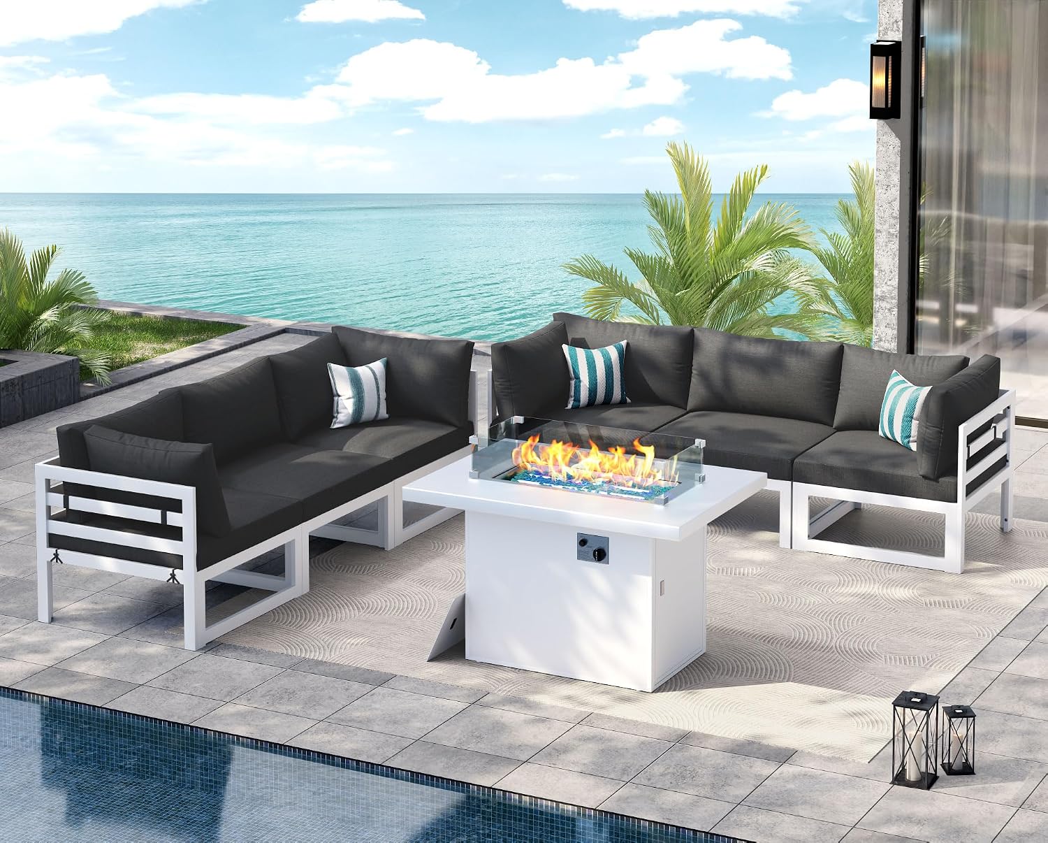 NICESOUL 7 Piece Modern Aluminum Patio Furniture Set with Fire Pit Table, 500 lbs Heavy Duty Outdoor Sectional Sofa, 29' Deep Wide Oversized Seating Conversation Couch for Garden Exterior, Dark Gray