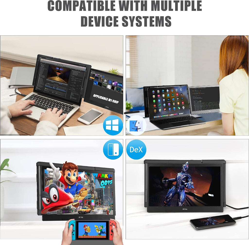 Alecewey Portable Monitor for Laptop Screen Extender Dual Monitor 13.3 inch FHD 1080P IPS Display 2 Type-C/HDMI, for 13.3-16.5 inch Computer Mac Windows Phone