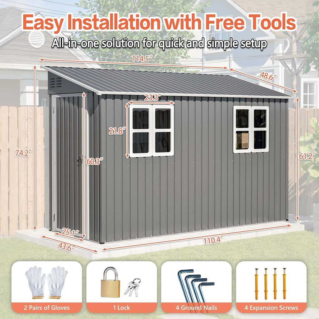 4x10 Ft Outdoor Heavy-Duty Shed, Metal Lean to Shed with Floor Kit and 2 Windows for Tools, Bikes, Patio Equipment, with Left/Right Door Options