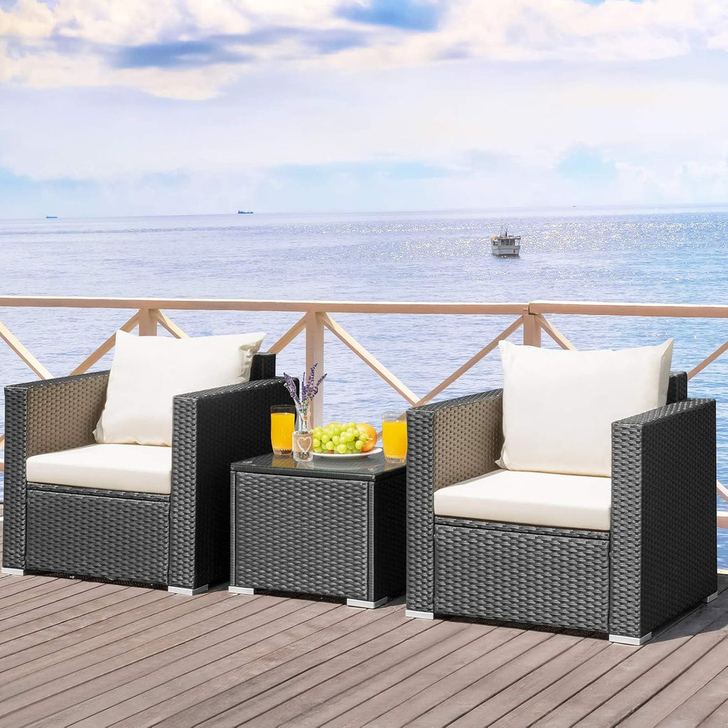 HAPPYGRILL 3 Pieces Rattan Patio Furniture Set, PE Wicker Patio Conversation Set with Coffee Table and Cushions, Outdoor Sofa Set for Garden Balcony Porch Poolside