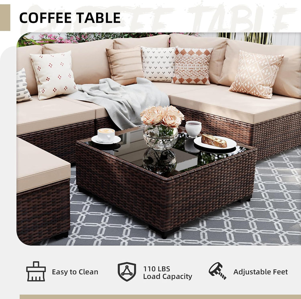 UPHA 9 Pieces Patio Furniture Sets, Wicker Outdoor Sectional Sofa Couch with Round Propane Pit for Deck Backyard Garden, Brown Rattan, Beige Cushion