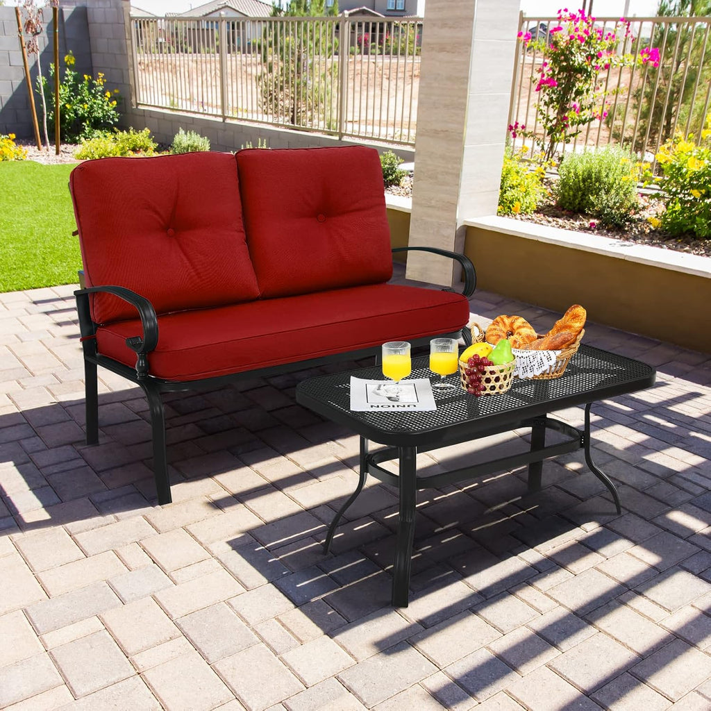Giantex Patio Loveseat with Coffee Table Outdoor Bench with Cushion and Metal Frame, Loveseat Porch Furniture Set Sofa for Garden, Yard, Patio or Poolside (Deep Red & Black)