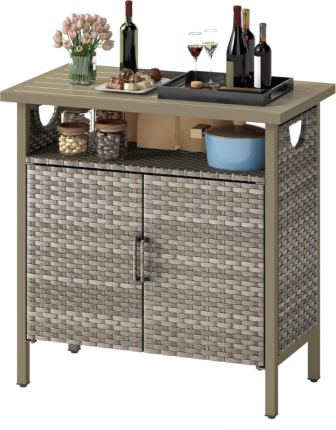 DWVO Patio Storage Cabinet, Outdoor Buffet Cabinet with Two Doors and Shelves, Outdoor Storage Table with PE Rattan for Patio, Backyard, Garden - Light Brown