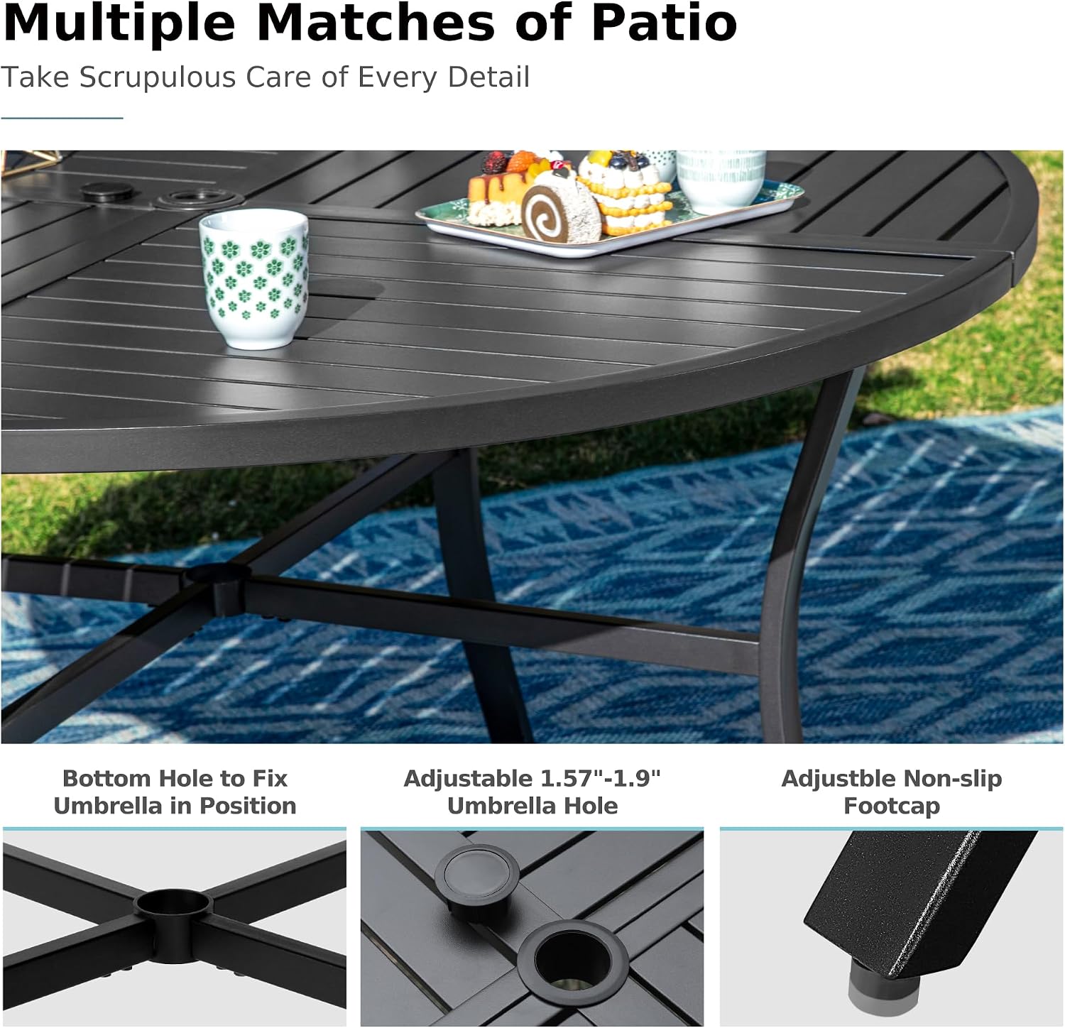 MFSTUDIO Patio Dining Set for 6, Round Patio Table and Chairs Set of 6 with Umbrella Hole, Outdoor Patio Furniture Set for Deck, Backyard, Poolside & Garden