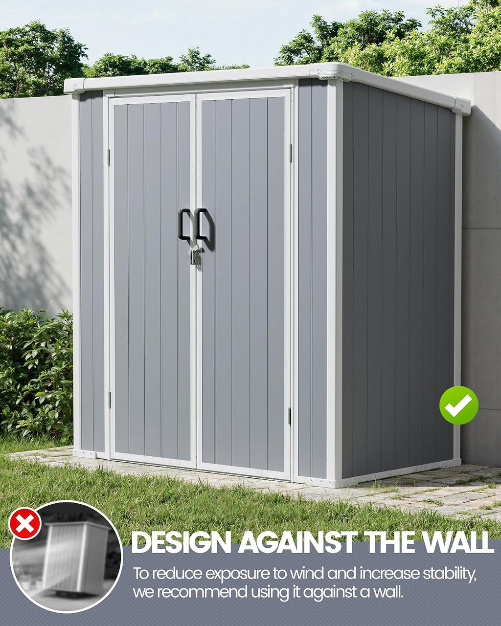 5x3 ft Outdoor Storage Shed with Floor, All-Weather Resin Tool Shed with 2 Shelves, Heavy-Duty Garden Shed for Yard, Bicycle, and Lawn Equipment, Easy Assembly, Aritic Light Gray