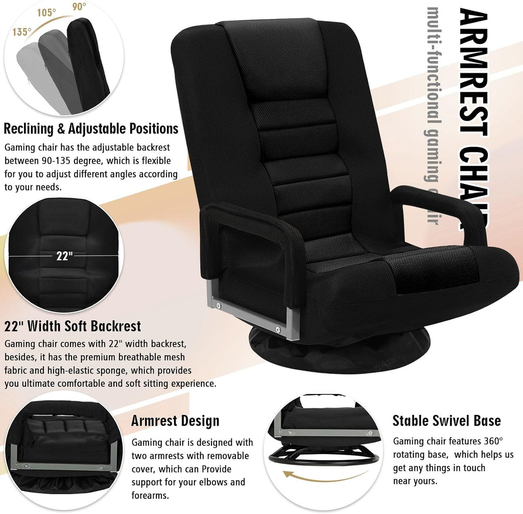Swivel Floor Gaming Chair w/Armrests, Folding Video Reclining Sofa w/6 Adjustable Position, Padded Backrest & Cushion, Lazy Lounger Couch for E-Sports, Reading, Relaxing, Watching TV, Black