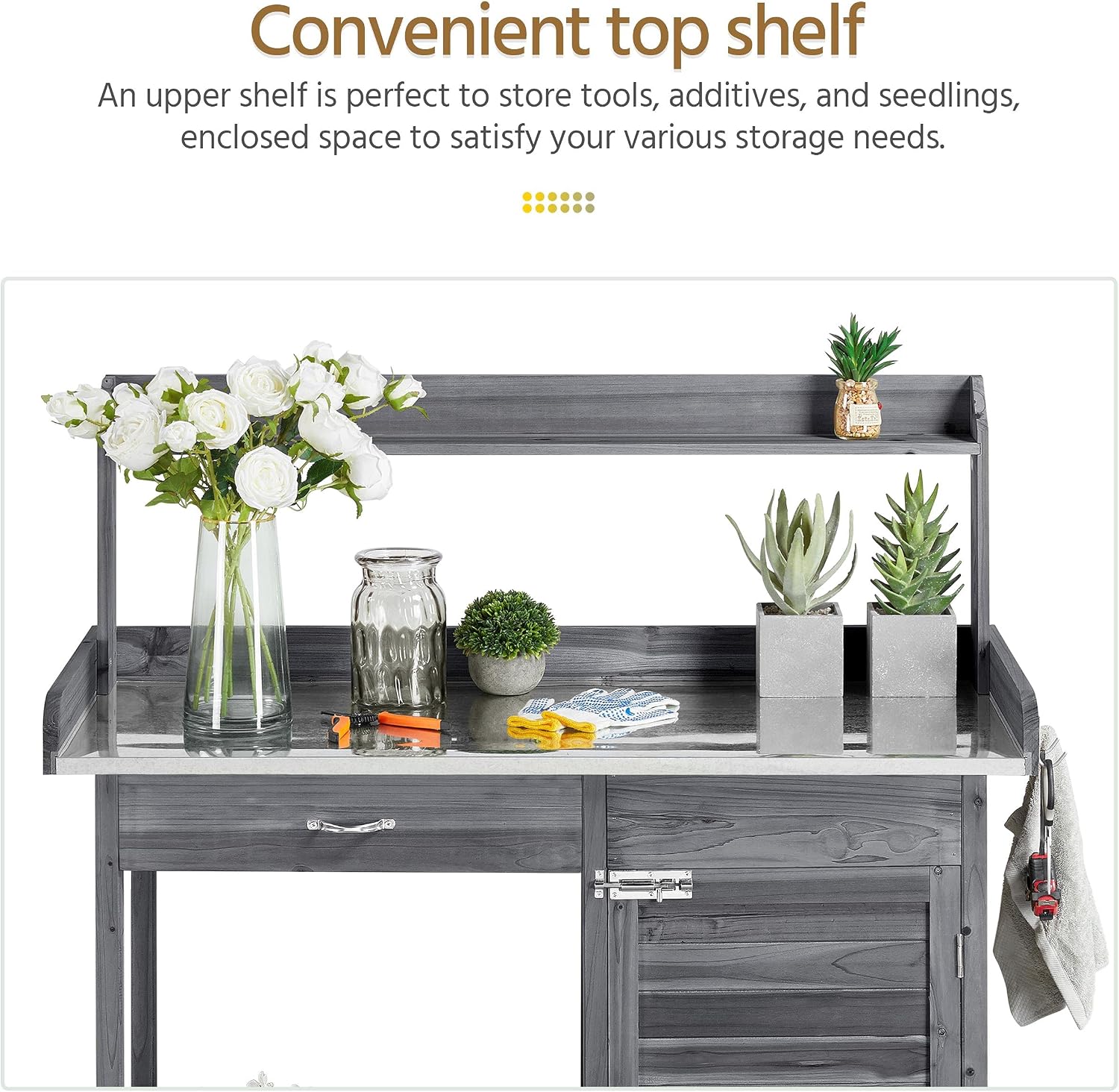 Yaheetech Outdoor Potting Bench Table, Garden Workstation w/Metal Tabletop/Cabinet Drawer/Open Top/Lower Shelf/Handy Hooks for Horticulture,Gray