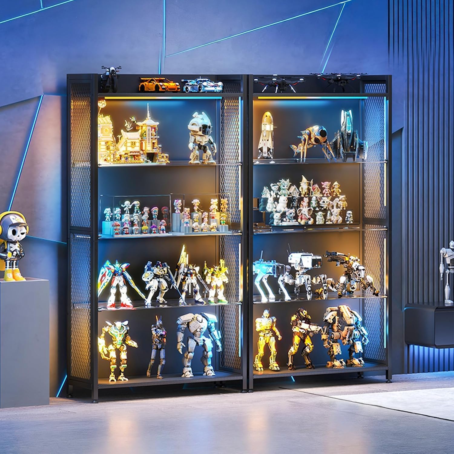 AODK Display Case with LED Lights, Display Cabinet with Glass Storage Shelves and Industrial Metal Mesh, 4-Tier Display Shelf for Collectibles, Curio Cabinet with Open Shelf, Black Book Shelf