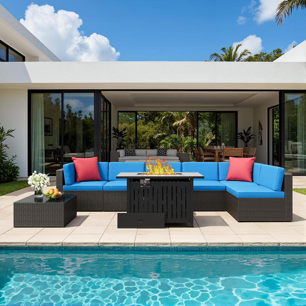 Flamaker 8 Pieces Patio Furniture Set with Fire Pit Table Outdoor Sectional Patio Sofa Furniture Set with Gas Fire Pit and Coffee Table & Ottoman Cushion Pillows, Blue