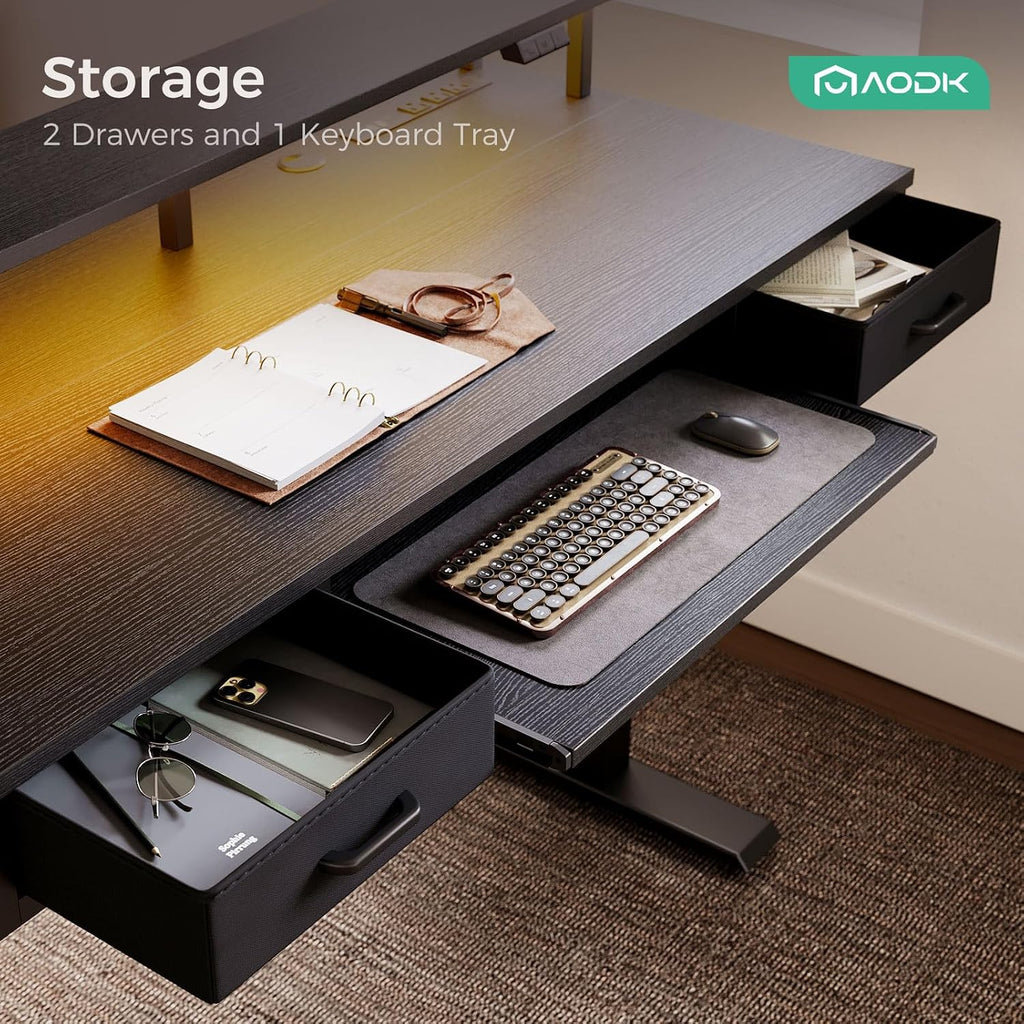 AODK Electric Standing Desk with Drawers & Keyboard Tray, 55 Inch Height Adjustable Desk with Power Outlets & LED Lights, Sit Stand Table with Monitor Stand for Home, Office, Black