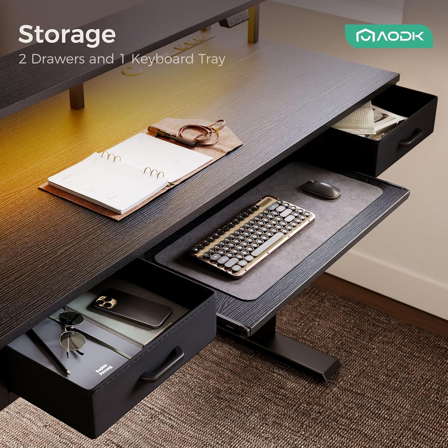 AODK Electric Standing Desk with Drawers & Keyboard Tray, 55 Inch Height Adjustable Desk with Power Outlets & LED Lights, Sit Stand Table with Monitor Stand for Home, Office, Black