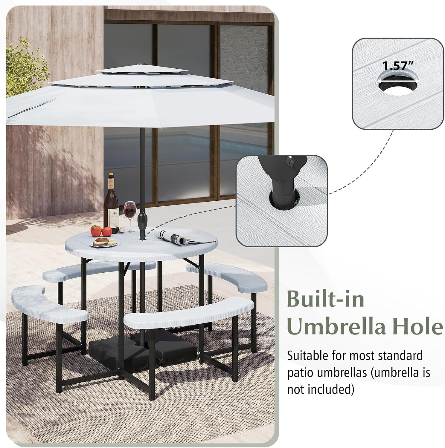 Giantex Picnic Table Bench Set for 4-8 Person, Round 37' Outdoor Dining Table w/Umbrella Hole, HDPE Tabletop, Metal Frame, Patio Furniture Set for Backyard Porch Lawn, 1400lb Capacity (White,Round)