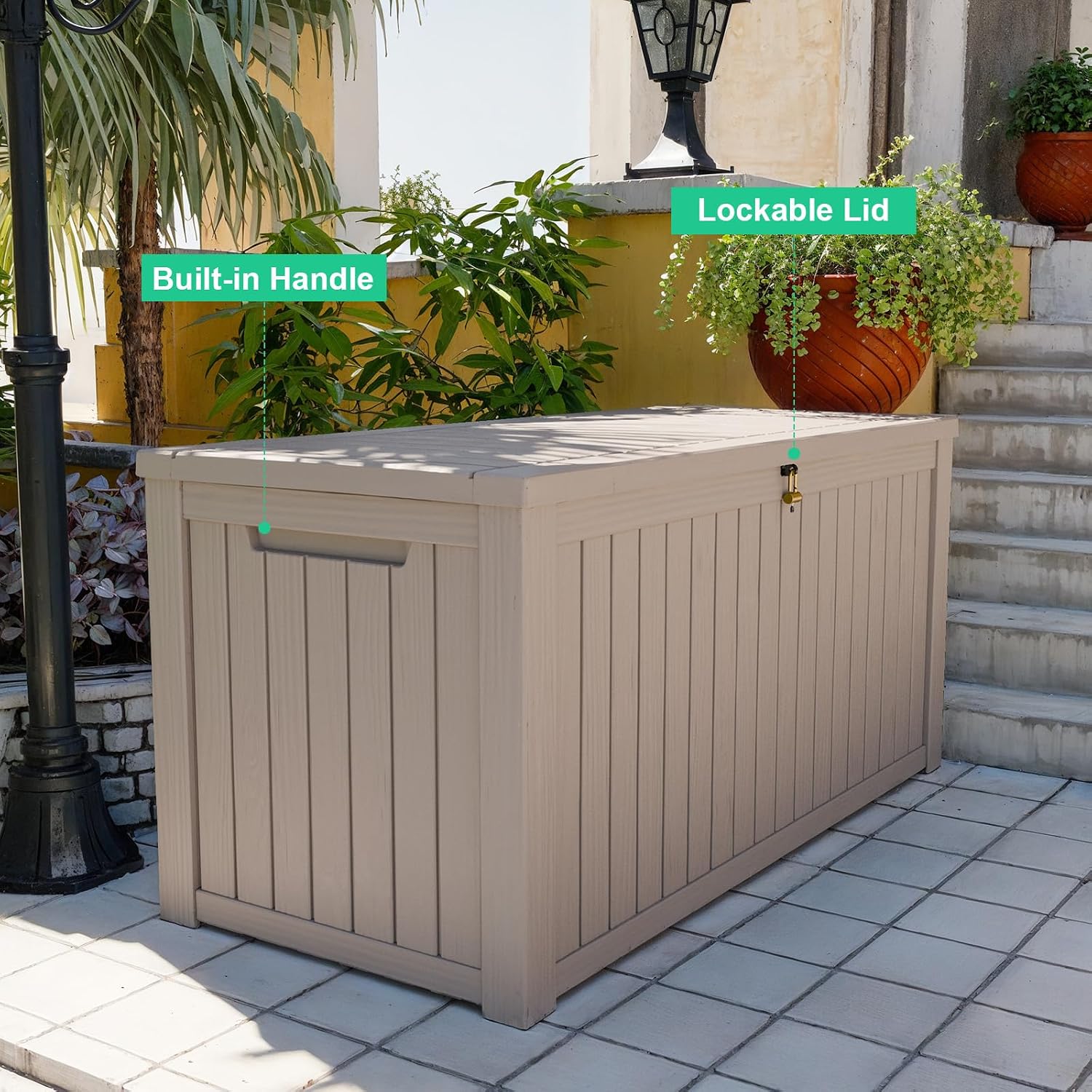 PatioZen 200 Gallon Large Deck Box,Resin Outdoor Storage Box with Lockable for Patio Furniture, Garden Tools Waterproof Outside Storage Box, Grey