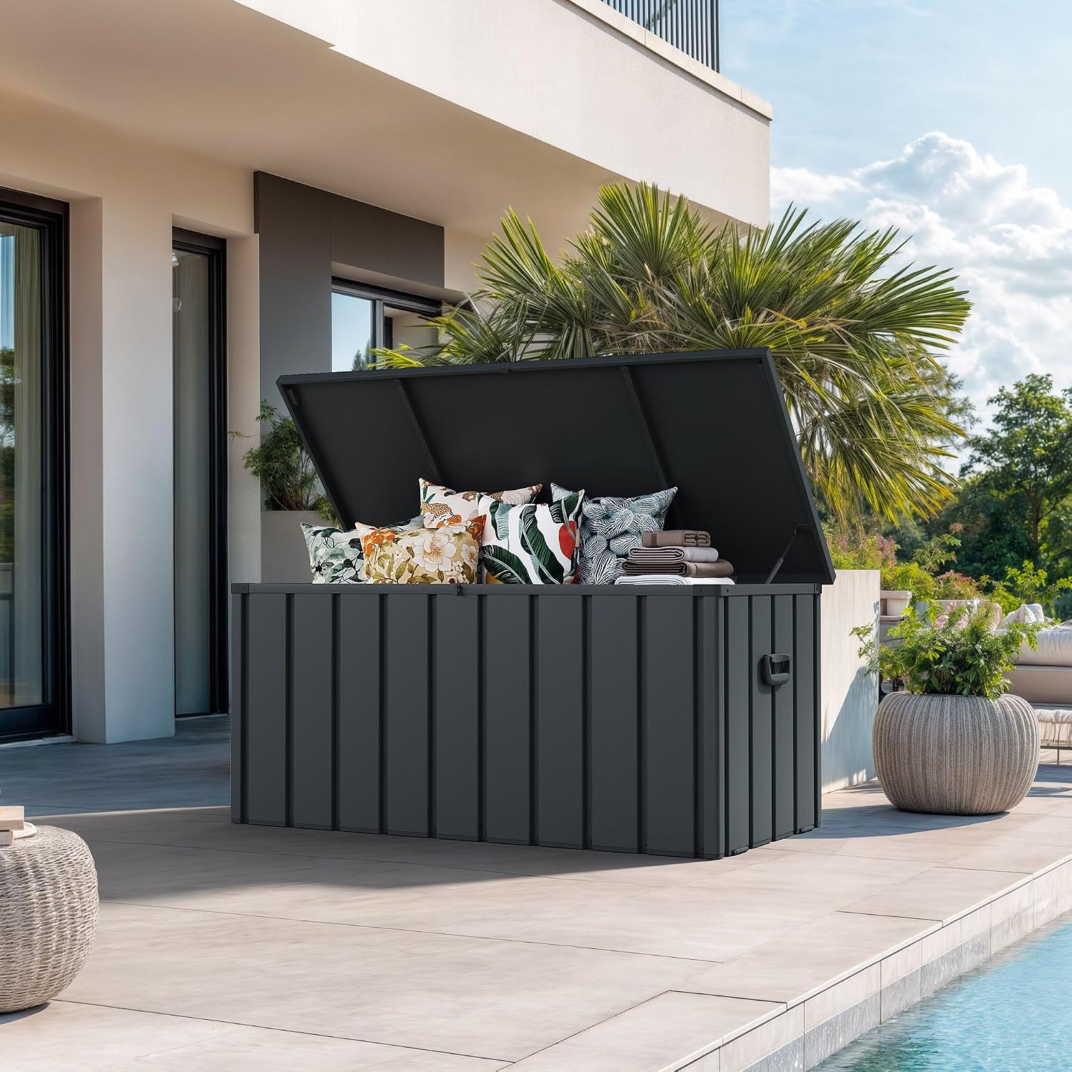 PURPLE LEAF Outdoor Deck Box 100 Gallon Waterproof Lockable Storage Box Container with Lid Deck Organization for Patio Cushions Side Table Pool Accessories Garden Tools, Gray