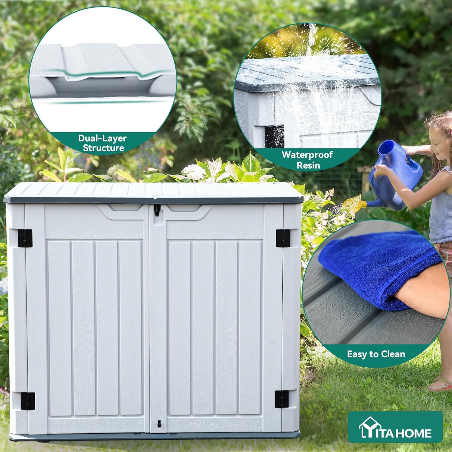 YITAHOME 35 Cu Ft Horizontal Weatherproof Storage Shed Without Shelves, Outdoor Lockable Resin Unit for Tools and Gear, Simple Assembly (Light Gray)