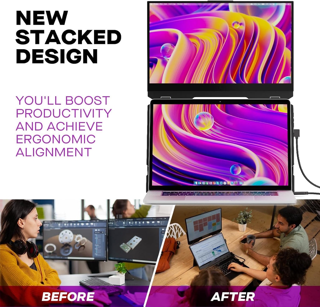Duex Float New Mobile Pixels 15.6' Stacked Portable Monitor, FHD IPS Portable Touchscreen (Built-in Kickstand), USB C/HDMI Laptop Screen Extender (Optional Magnets), Windows, MacOS, ChromeOS, Switch