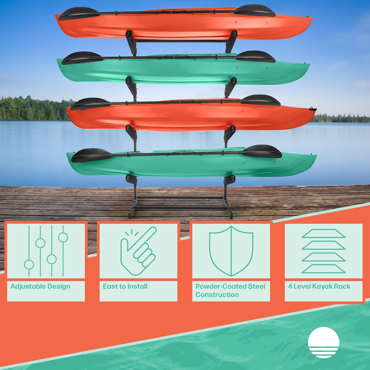 RAD Sportz Freestanding Kayak Storage Rack – Heavy Duty Adjustable Multi-Level Stand with Padded Arms for Kayaks, Canoes & Paddleboards (2, 3 or 4 Tier, Indoor/Outdoor Garage Organizer)