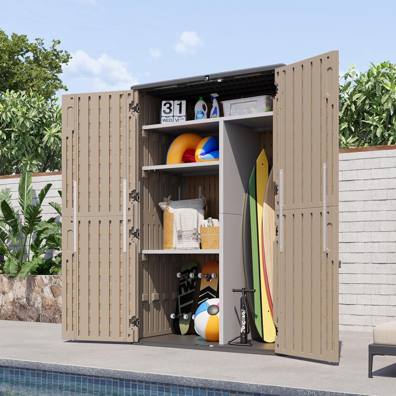 Aoxun Outdoor Storage Shed with Metal Shelving Kit & Floor, 64 Cu.Ft Large Outdoor Storage Cabinet, Waterproof Vertical Resin Shed for Garden Tools, Pool Equipment, Brown