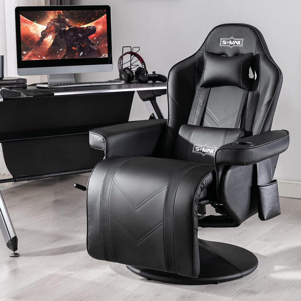 S*MAX Gaming Recliner Chair for Adults Racing Style Ergonomic High Back Swivel PU Leather Gaming Chair with Adjustable Backrest and Footrest Cup Holder Side Pouch Black