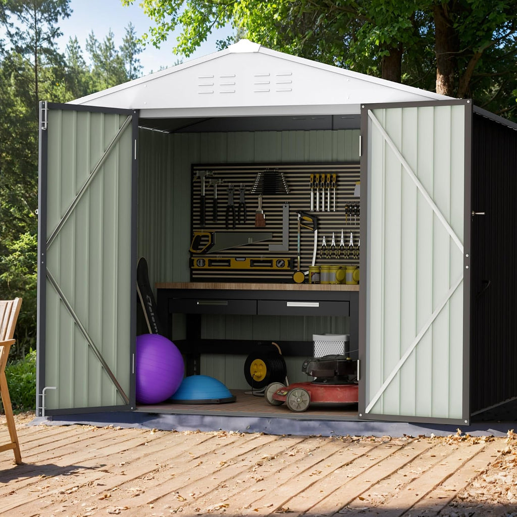 GUNJI 8 x 6 FT Shed Outdoor Storage Shed Metal Garden Shed with Lockable Door Outside Waterproof Tool Shed for Backyard, Patio, Lawn (Gray)