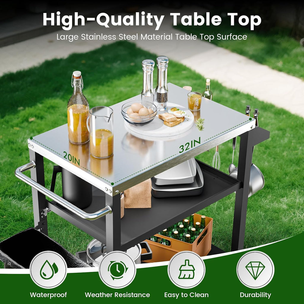 NUUK 3-Shelf Grill Cart for Outdoor with Stainless Steel Top – 20' x 32' Movable Pizza Oven Stand with Wheels Kitchen Prep Table BBQ Cart Worktable