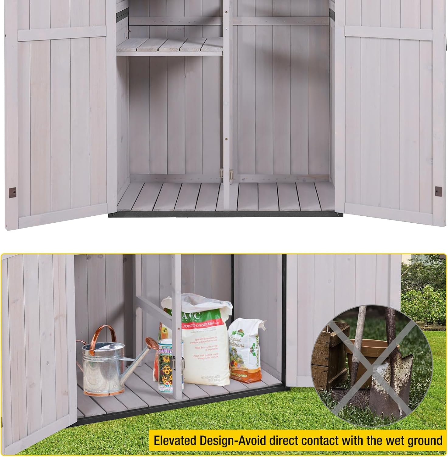 Aivituvin Storage Shed Outdoor Cabinet with All-Around Strong Metal Frame Wooden Tool House with Adjustable Shelfs and Floor,Waterproof Roof (White)