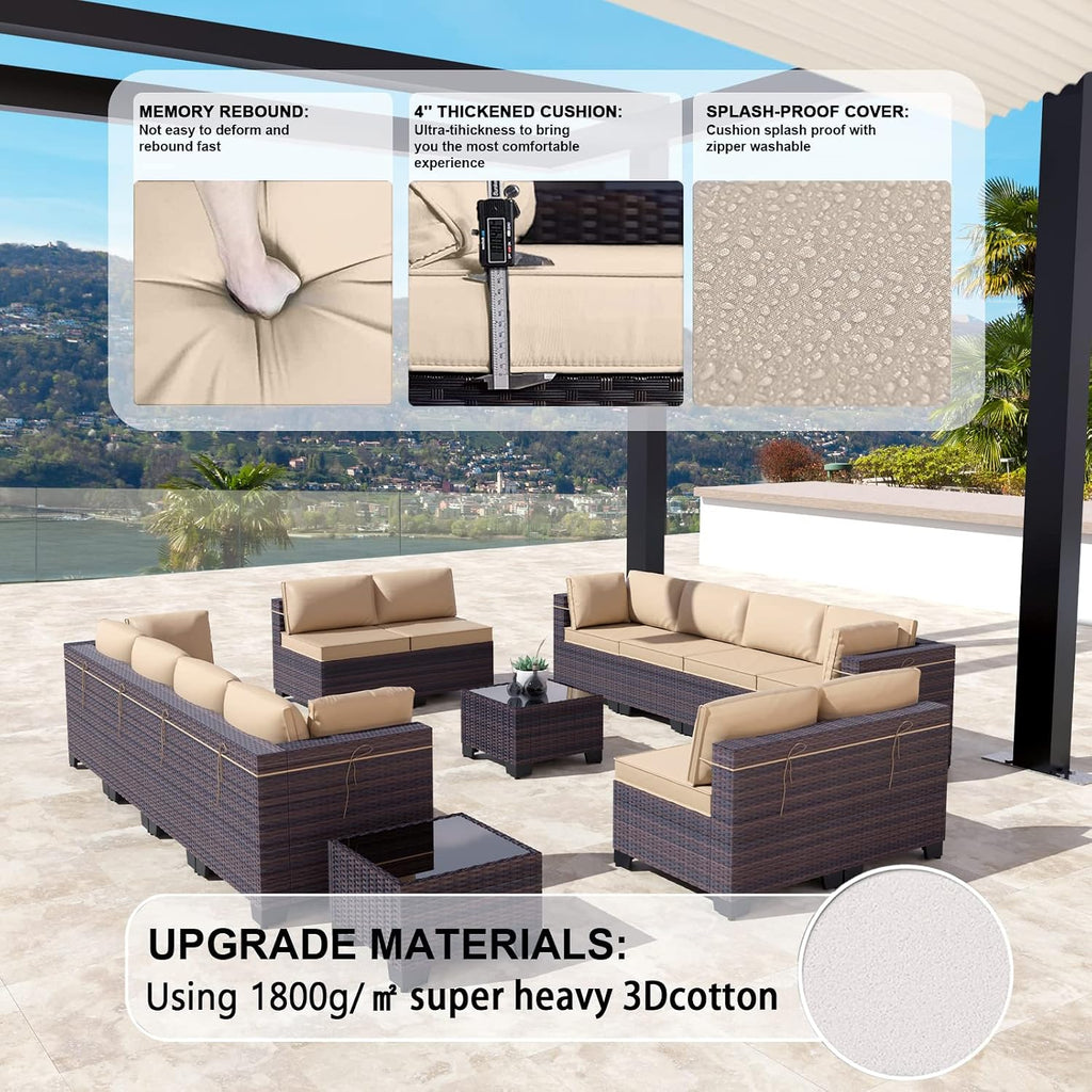 Kullavik 14 Pieces Outdoor Patio Furniture Set,Sectional Rattan Sofa Set Brown PE Rattan Wicker Patio Conversation Set with Tempered Glass Coffee Tables and Washable Cushions Covers,Sand