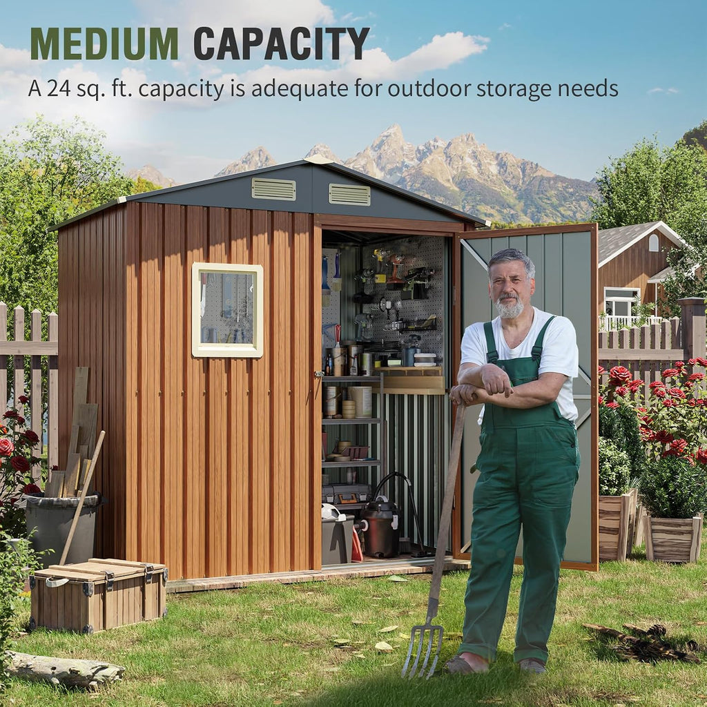 Outdoor Storage Shed 6x4 Ft, Lockable Metal Garden Shed with Floor Base, Tool Shed Tiny House Vertical Outside Storage Building for Backyard, Lawn, Patio, Bike (6x4 FT/Base)