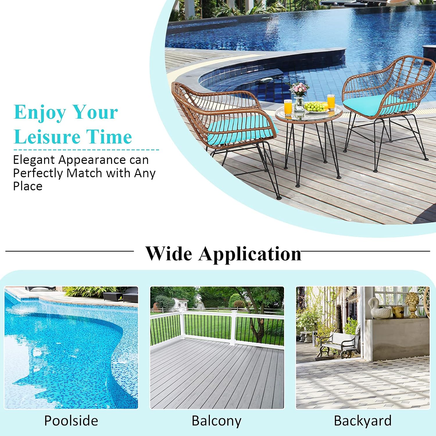 COSTWAY 3 Pieces Patio Bistro Set, Outdoor Rattan Conversation Seating Chair Set with Coffee Table & Soft Cushions, Indoor Wicker Furniture Set for Garden, Balcony, Porch, Pool, Turquoise