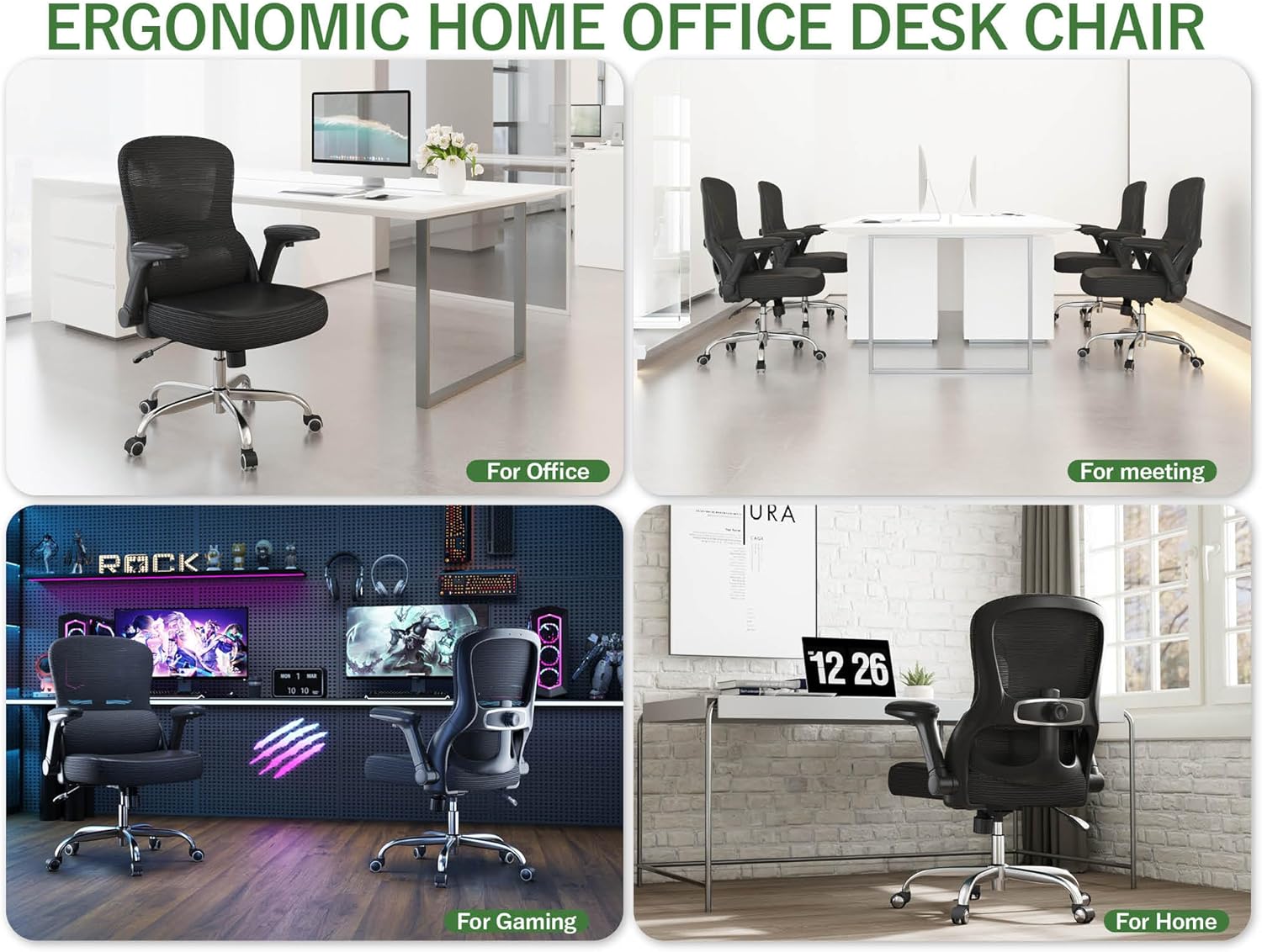 Ergonomic Office Chair - Desk Chair with Adjustable Lumbar Support Computer Chair - Mesh Comfy Chair with Flip-up Armrests - Gaming Chairs for Adults Home Office (Leather, Black)