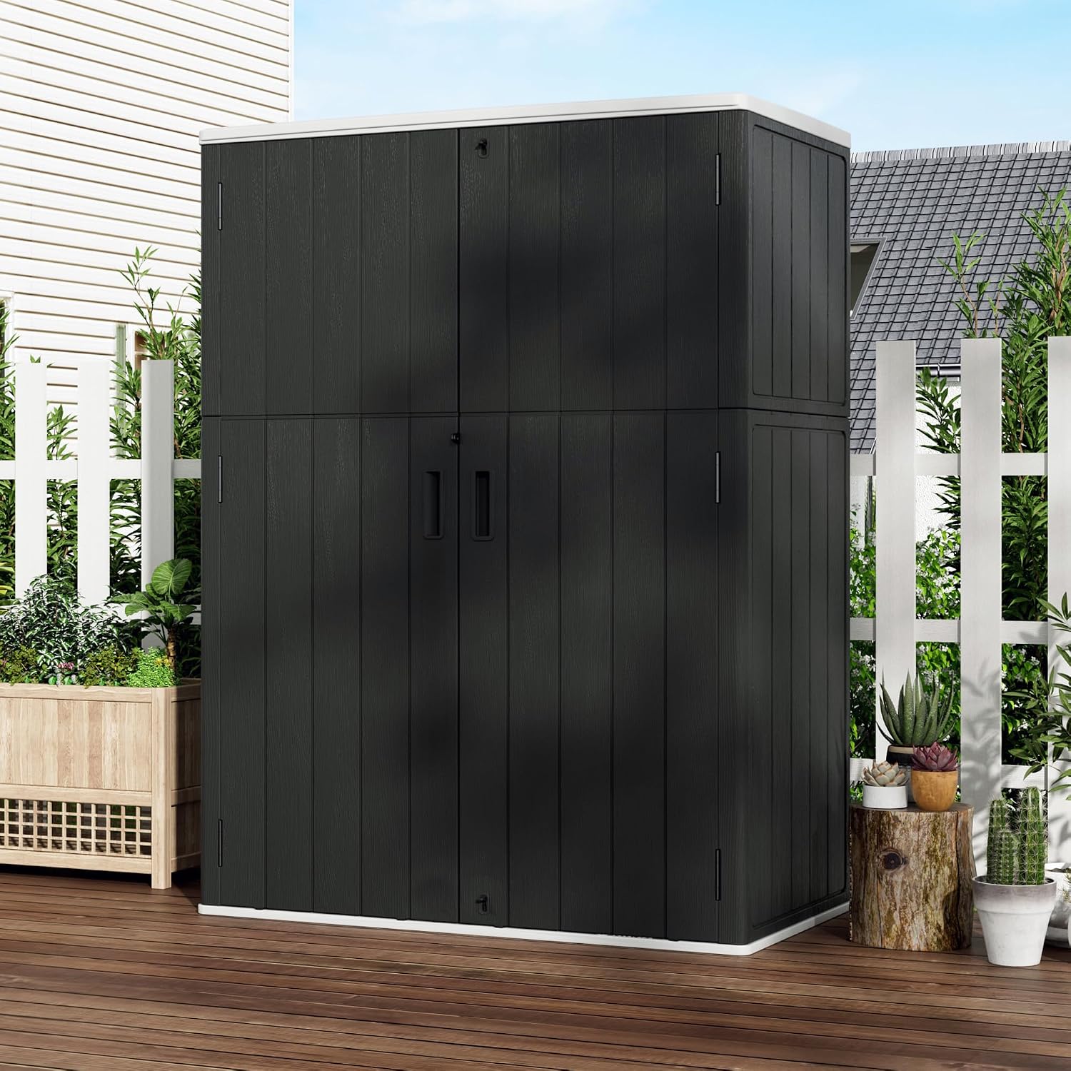 Mrosaa Vertical Outdoor Storage Cabinets,Plastic Sheds&Outdoor Storage with Floor,Outdoor Storage Box Waterproof/Lockable for Garage,Bike,Tools Storage Shed (57Cu.ft)