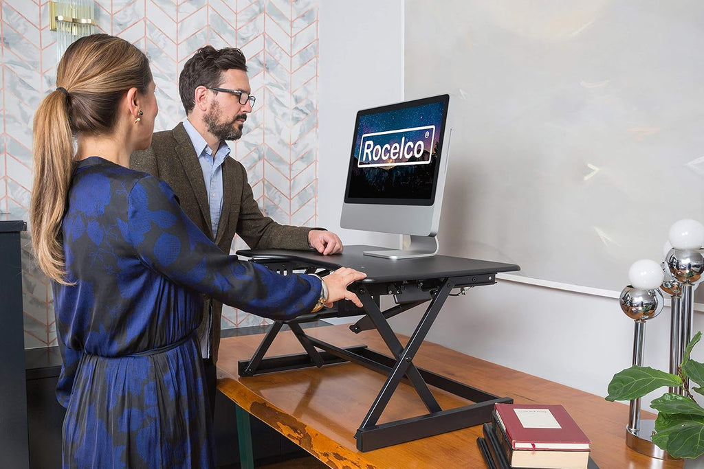 Rocelco 32' Height Adjustable Standing Desk Converter - Sit Stand Computer Workstation Riser - Dual Monitor Retractable Keyboard Tray Gas Spring Assist - Black (R EADRB2)