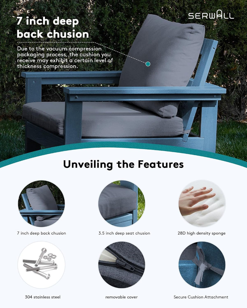 SERWALL HDPE Patio Furniture Set, 7-piece Outdoor Sectional Sofa Set, All Weather Outdoor Couch Set for Deck, Lawn, Blue Frame with Grey Cushion