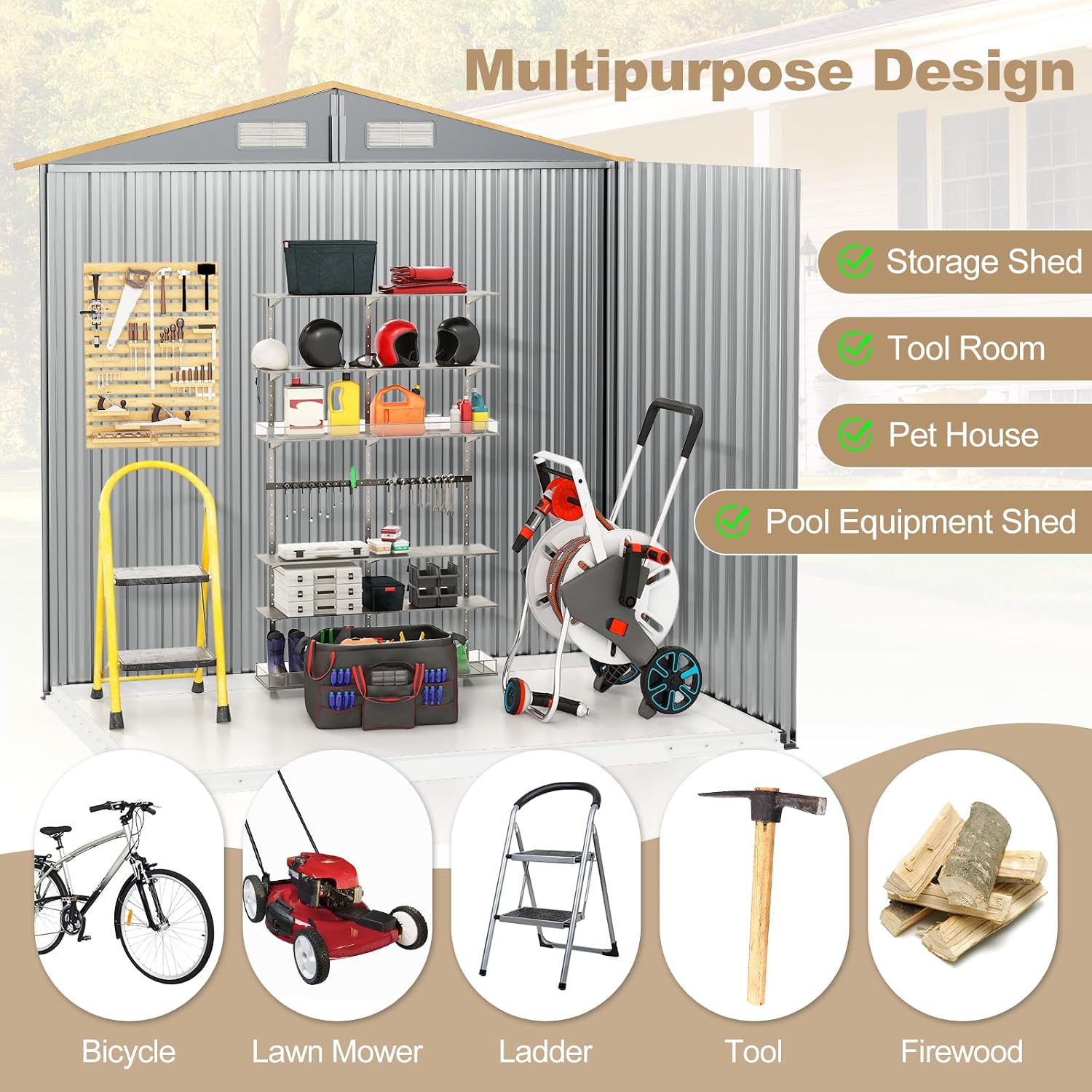 Goplus 6' x 4' Woodgrain Outdoor Storage Shed, Galvanized Metal Tool House Organizer w/ 4 Vents, Lockable Doors, Waterproof Garden Sheds & Outdoor Storage for Backyard, Lawn, Patio, Natural